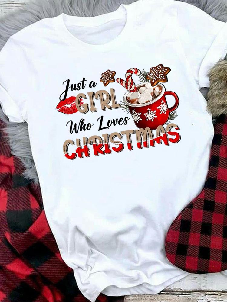 (Asian Size) Women Holiday Print Tee Top festival Merry Christmas New Year letter sweet 90s Casual  Lady Short Sleeve Fashion Graphic T-shirts