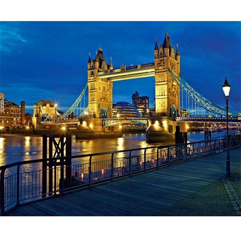 Pictură cu diamant 5D DIY, peisaj, pod, broderie cu diamante, mozaic, imagini, noapte, oraș, rotund complet, foraj, decor artă, cadou