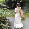 Ballet square neck strap white dress women's summer bubble sleeves ruffle edge long dress short sleeves high-end skirt