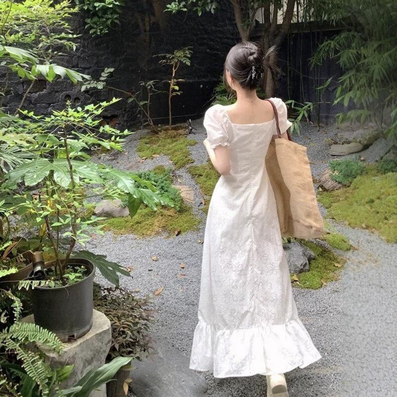 Ballet square neck strap white dress women's summer bubble sleeves ruffle edge long dress short sleeves high-end skirt