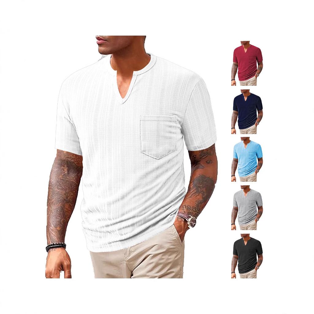 Fashion Year Men's Clothing, European and American Summer New Sports and Leisure Loose Solid Color Full Polyester Imitation Hemp V-neck Men's Short Sl