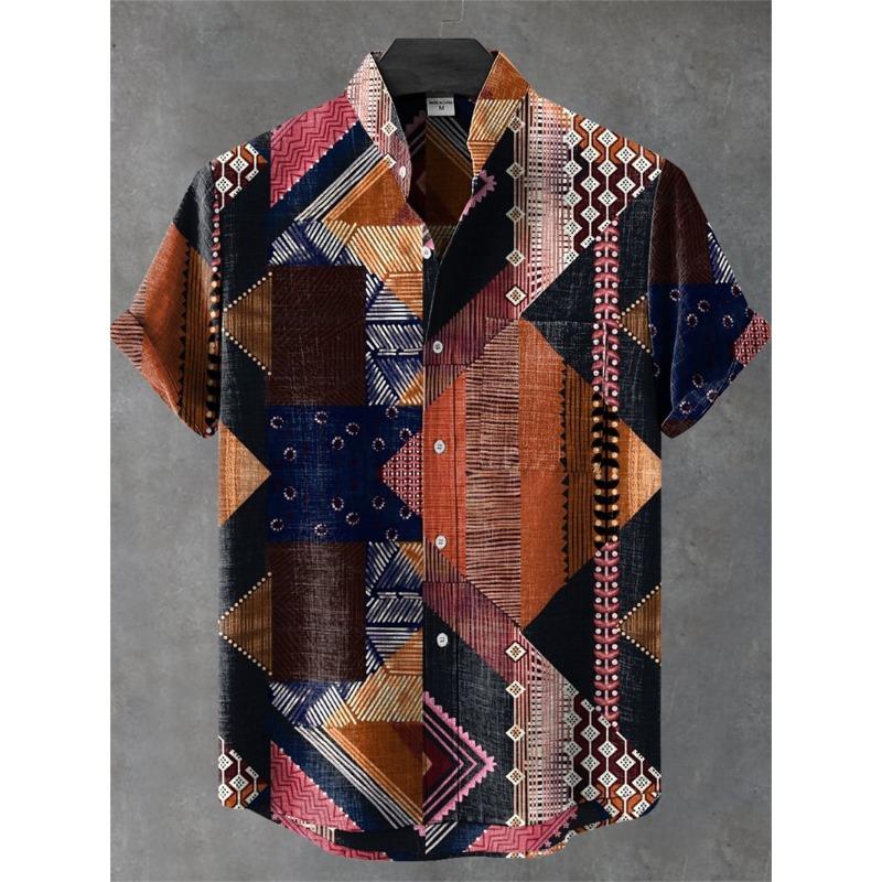 Men's Short Sleeve Shirt Vintage Ethnic Style Sunlight and Tree Illustration Art Snake Print Casual Linen Shirt