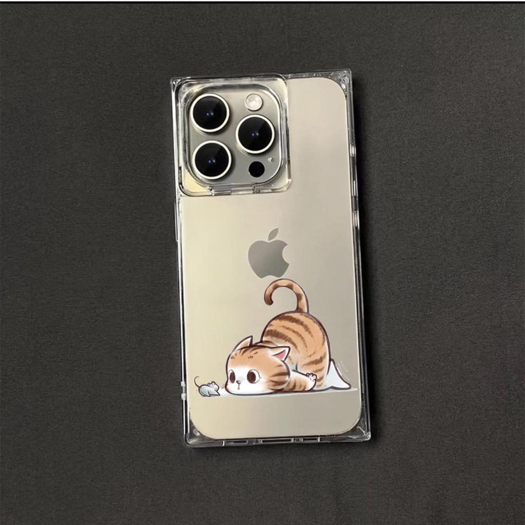 Square Back Tube Protection Clear Case For iPhone 12 13 11 16 ProMax 15 Plus 14 Pro Max Anti-Oxygen,Flower Cat And Mouse Eye Contact Pattern Casing