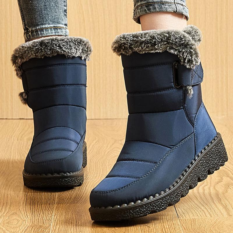 Stiefel Damenstiefel Fell Botas Mujer Superwarme Winterstiefel für Schnee Damen Niedrige Absätze Winterschuhe Frau Schwarzer Gummistiefel