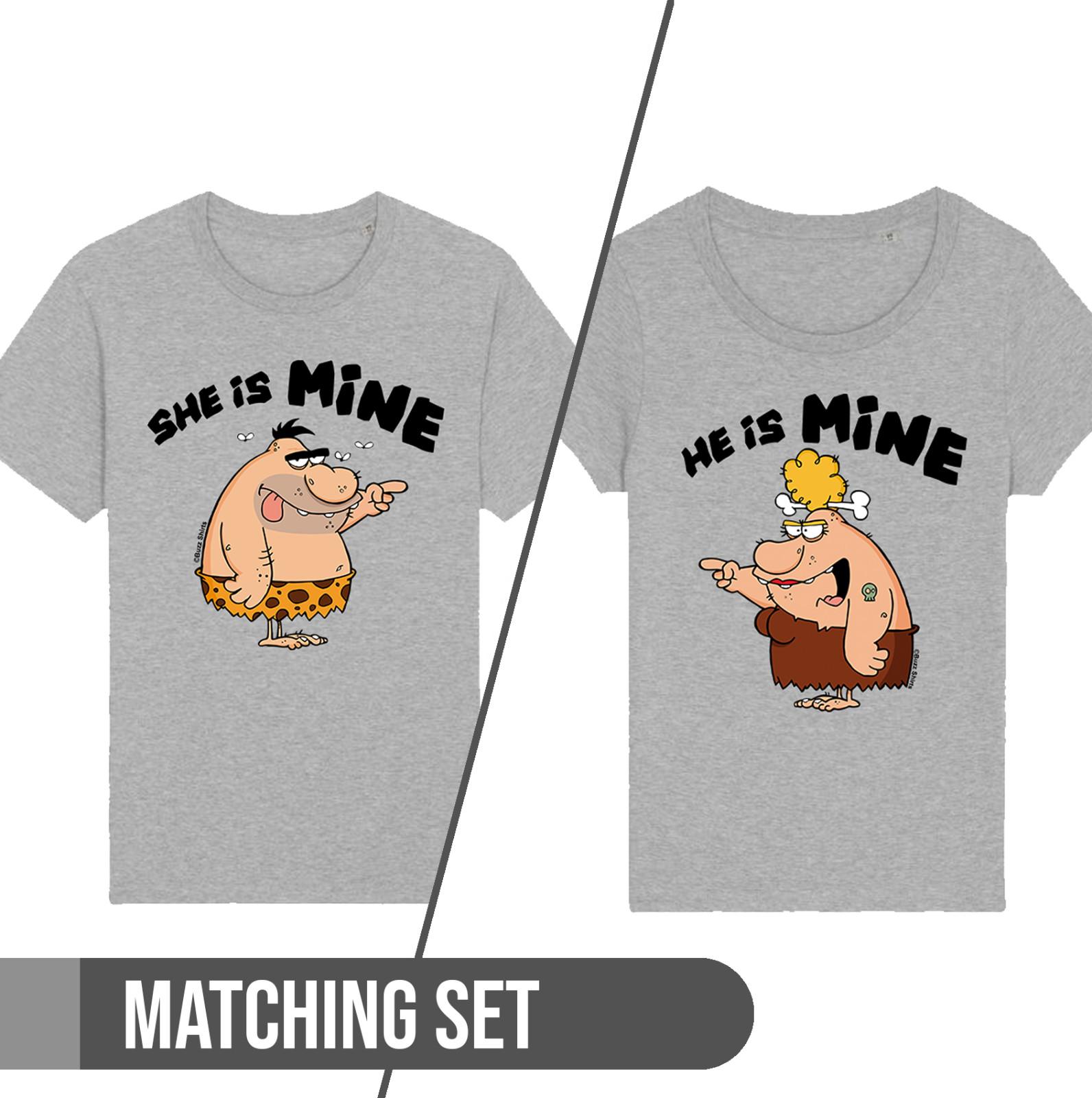 HE SHE IS MINE Mens Ladies Matching Couples T-Shirt Mens Womens Tees Top Caveman Valentines XL