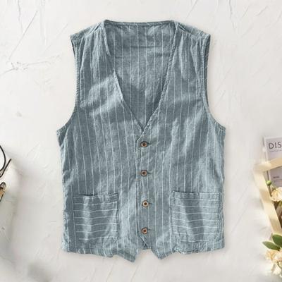 Gilet de Style britannique pour hommes, col en v, sans col, imprimé rayé, avec gilet, poches sans manches, gilet à simple boutonnage