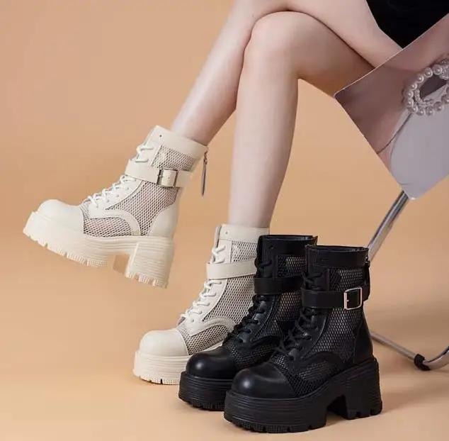 Fashion 9CM Air Mesh Patent Leather Boots Chimney Hollow Ankle Booties Women Moccasins Summer Motorcycle Sandals Fashion Shoes Sandals