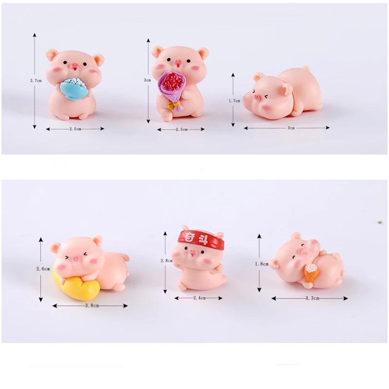 6Pcs Lovely Cartoon Pig Mini Figurines Micro Landscape Decor Cake Topper Car Interior Ornament DIY Home Mini Decorations