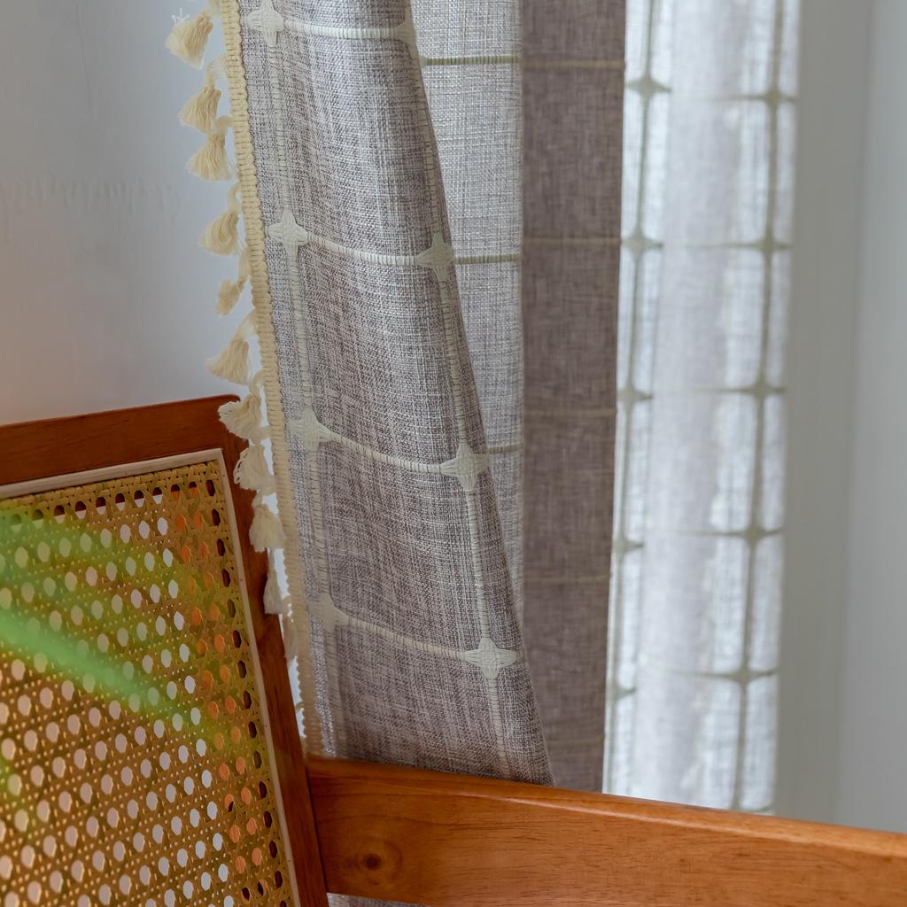 Perdele Groase din Bumbac și In, Model Pătrat, Sufragerie, Balcon, Contrast de Culori și Asortare a Culorilor, Perdele din Material Fără Găurire, Finisate