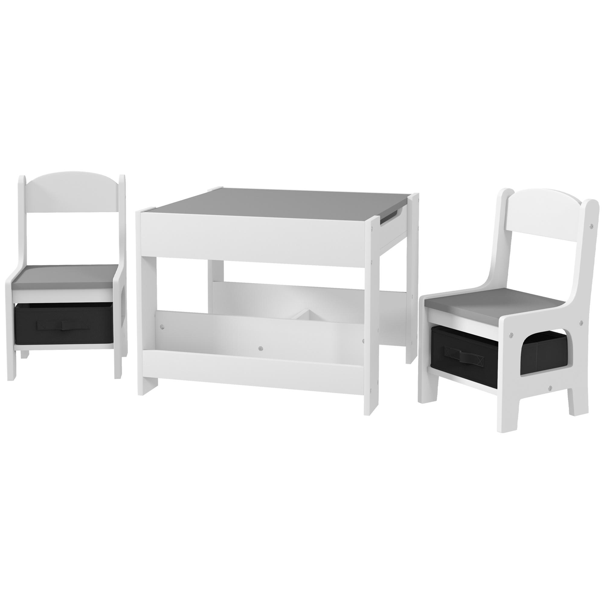 Ensemble Table et Chaises pour Enfants en Trois Pièces avec Tableau Noir Rangement Étagères à Livres Gris