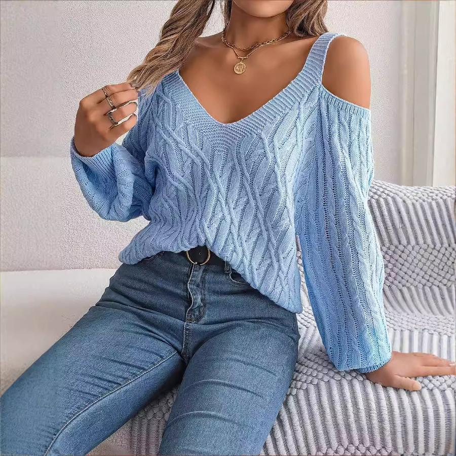 Autumn Winter Casual Solid Herringbone Shoulder Lantern Sleeve Sweater Women's Clothing