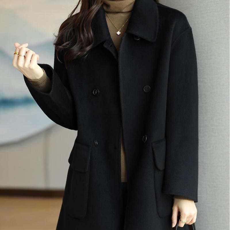 Podzimní a zimní korejská verze vlněného kabátu Vlněný kabát britského stylu Vlněný kabát střední délky s prsy Dámská