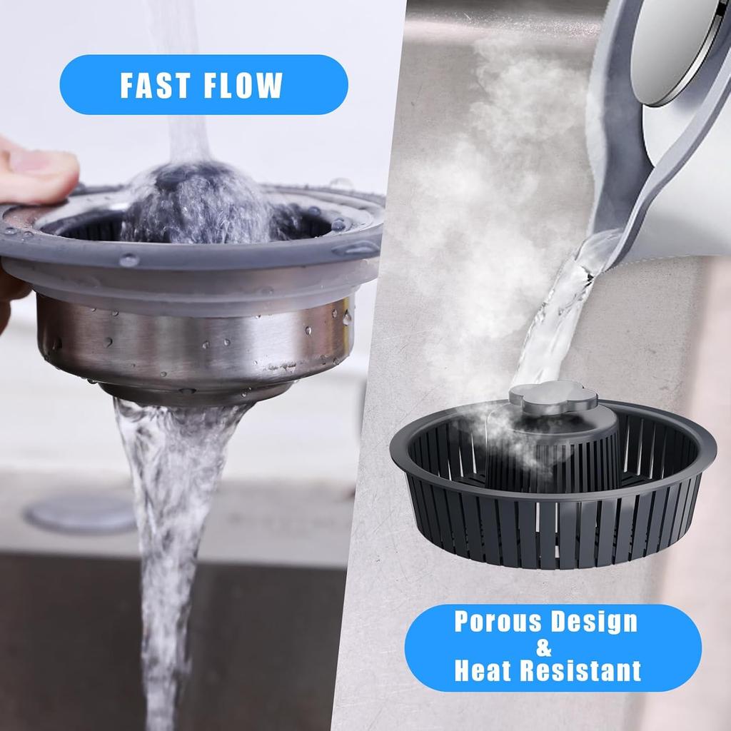 2 Pack - 3 in 1 Kitchen Sink Drain Strainer, 304 Stainless Steel Bounce Core Sink Stopper with Basket Filter Pop-up Sink Plug for Standard 3-1/2 Inch