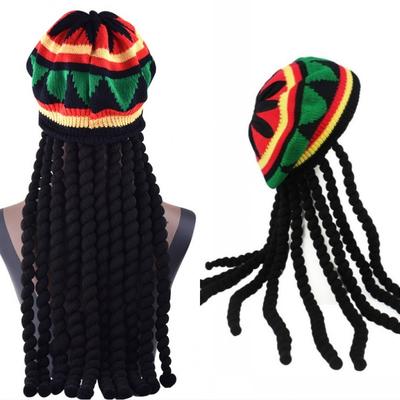 Unisex Knit Braid Hat Jamaican Bob Rasta Beanie Cap Hip Hop Cap Men Dreadlocks Wig Bob Marley Caribbean Fancy Dress Up Headwear