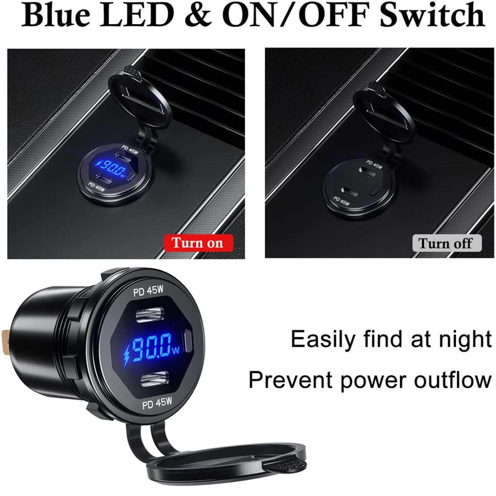 

Автомобильное зарядное устройство для быстрой зарядки, 90 Вт, порт PD, переключатель быстрой зарядки, вкл./выкл., зарядное устройство для телефона, универсальный адаптер питания со светодиодным дисплеем для