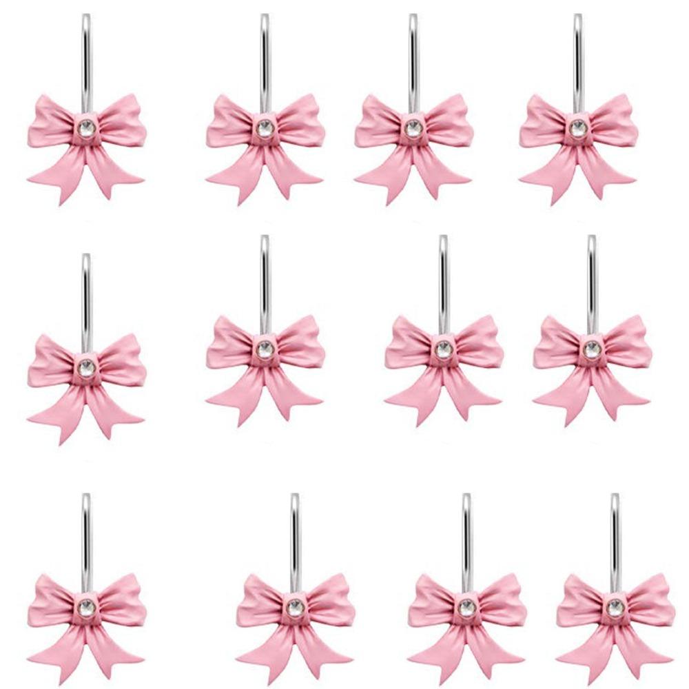 12PCS Set Art Decors Durable Pink Bathroom Decor Resin Lightweight Pink Bow Knot Hooks Bow Knot Design Shower Rings Party