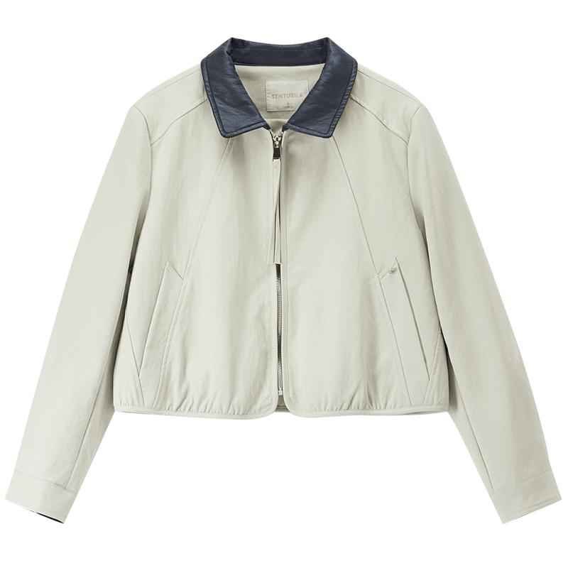 Women's Color-block PU Leather Lapel Jacket