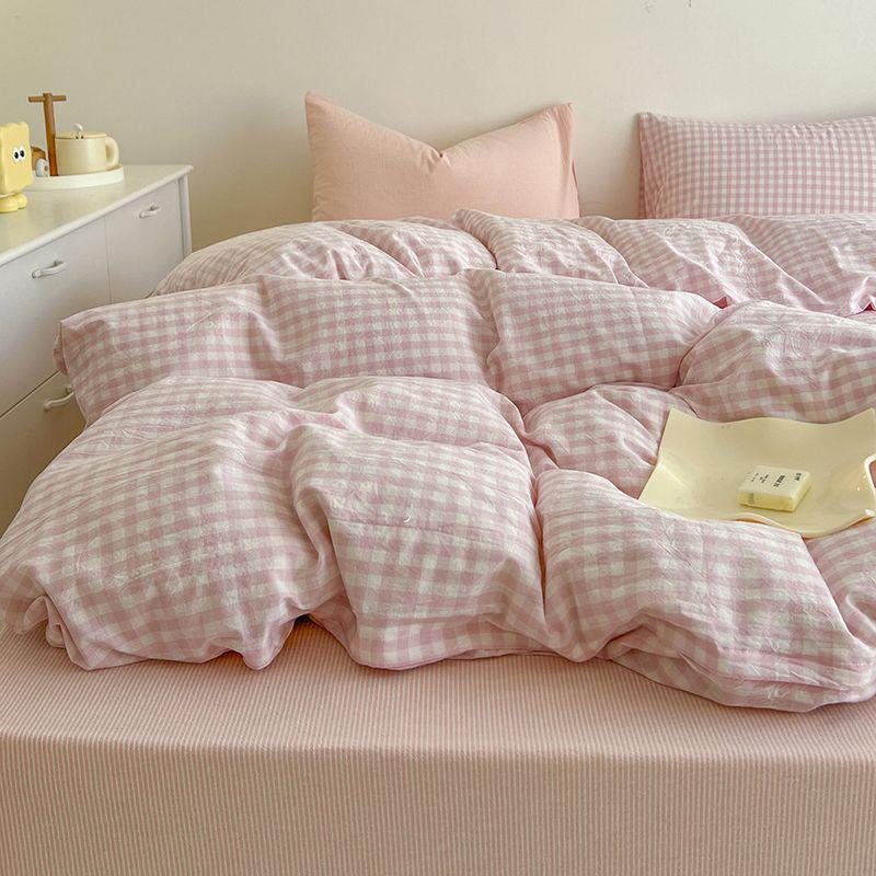 Nordic Duvet Cover Set with Zipper Simple Plaid Flat Sheet Pillowcases No Filler Pink Blue Hotel Twin Queen Size Bedding Set