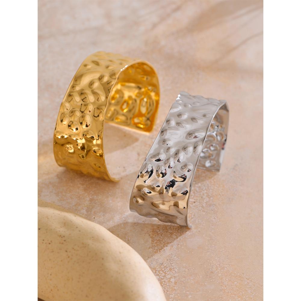 Yhpup 65mm Stainless Steel Metal Hammer Wide Open Bracelet Bangle Gold & Platinum Plated Waterproof Summer Wear Wrist Jewelry