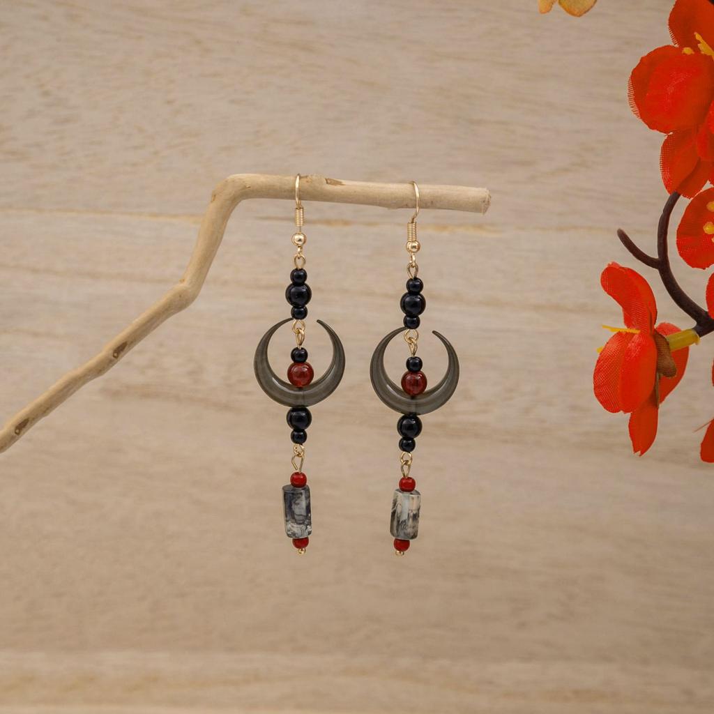 Chinese Style Wooden Ancient Style Water Drop Tassel Step Tassel Hairpin Chinese Style Niche Crescent Moon Round Bead Cheongsam Chinese Dress Earrings