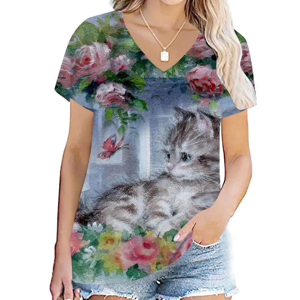 Cute Cat 3D Digital Printed Women's Casual and Comfortable V-neck Short Sleeved T-shirt