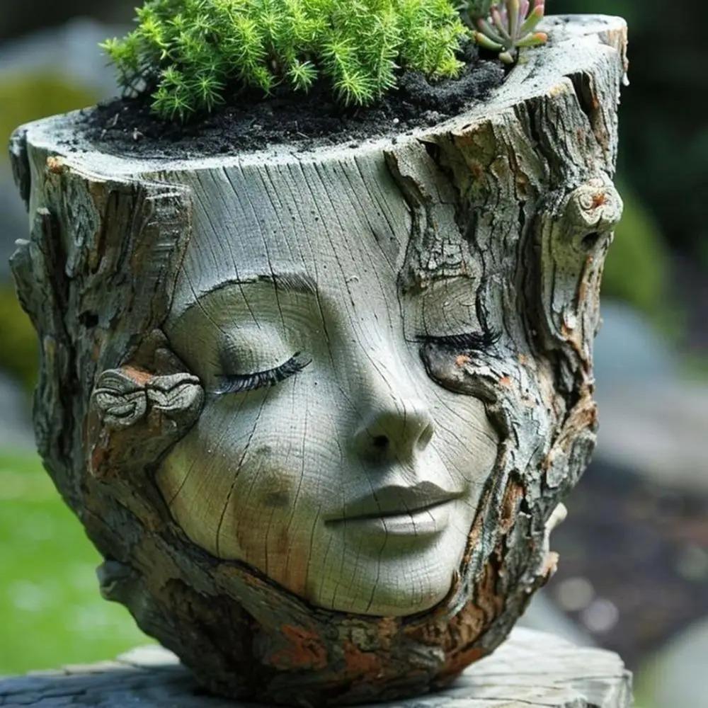 Resin Crafts Girl Face Flowerpot Funny Figure Planter Tree Stump Girl Pot Living Room Decoration
