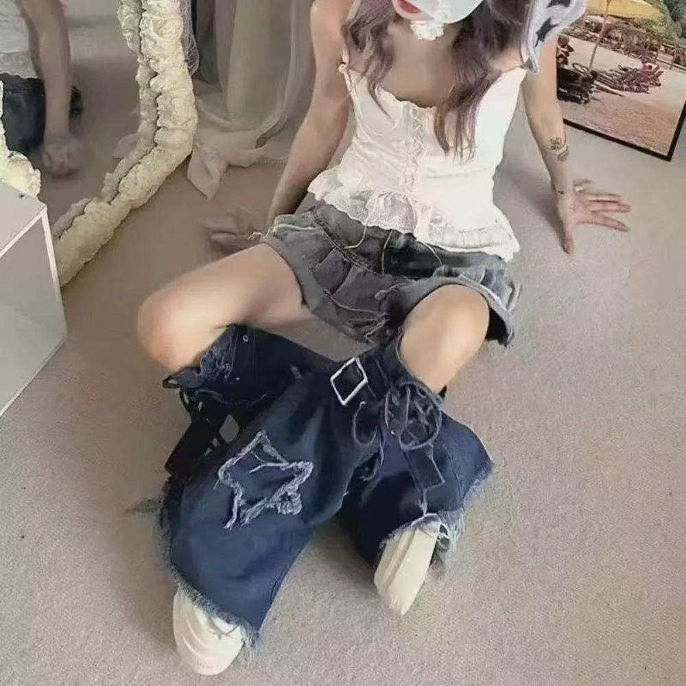 Japanese JK Lolita Y2K Denim Leg Warmers Stars Denim Cloth Cross Trumpet Leg Covers Footcover Drawstring Long Stockings Student