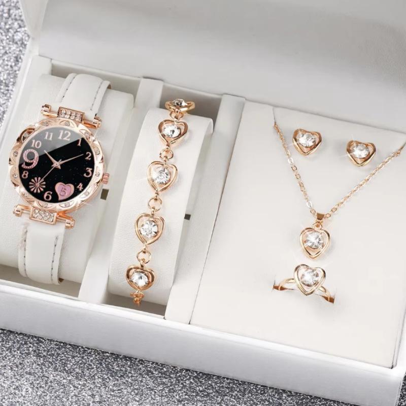 New Popular Women'S Diamond-Encrusted Dial Pu Leather Strap Quartz Watch Bracelet Set