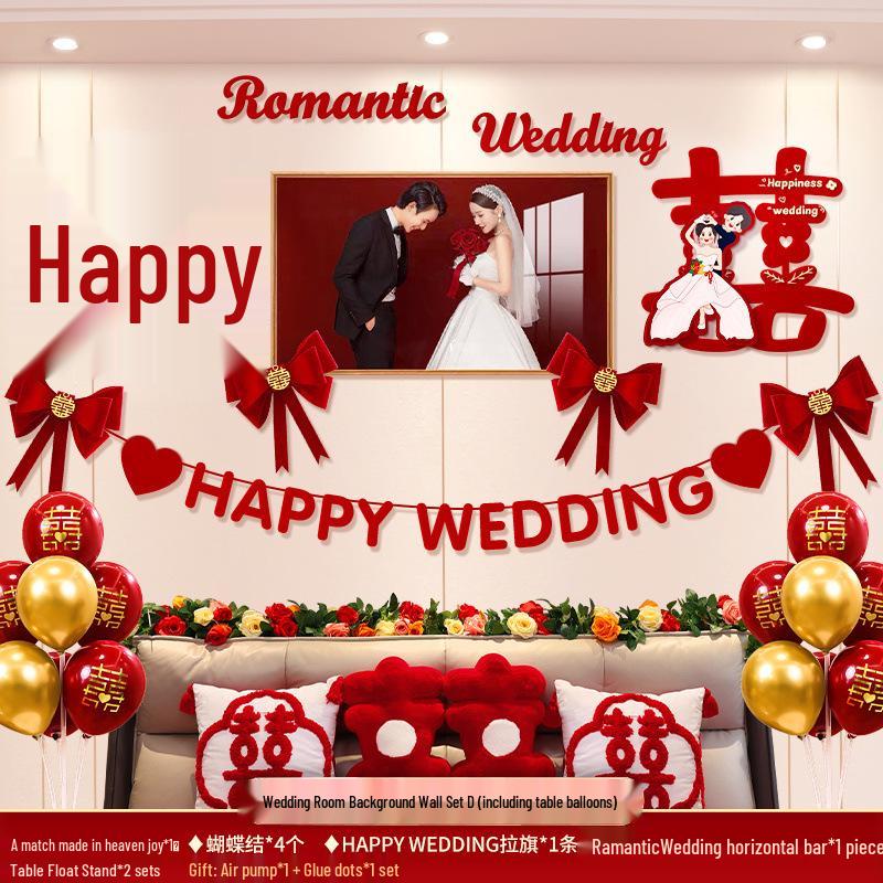 Elegant Wedding Bedroom Decoration Set: High-End Double Happiness Wall Décor with Flowers.