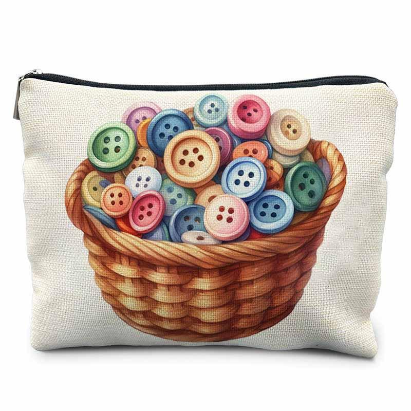 Creative Sewing Theme Print Makeup Bag Polyester Zipper Pouch Button Yarn Cat Pattern Organizer for Travel Daily Use 21.5x15cm