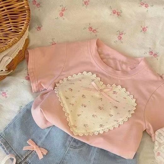 Girls Summer Fashion Set Pink Bow Short Sleeve Top And Denim Shorts Two Piece Outfit For Kids Casual Trendy Clothing