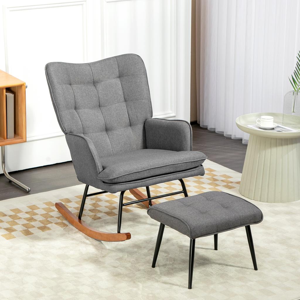 Rocker Chair With Ottoman Comfortable Up To 130 Kg Linen Look 64x89x90cm Dark Gray
