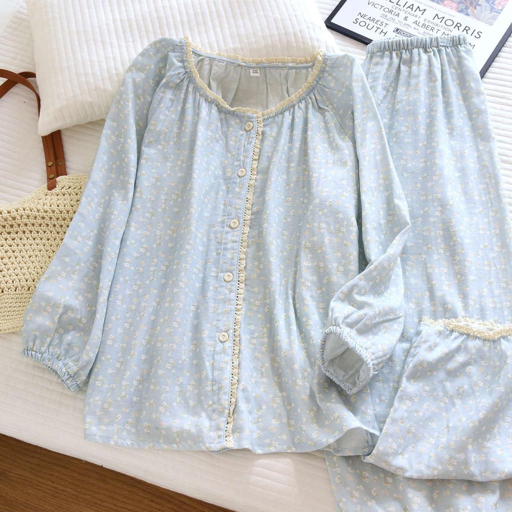 Women's Pajama Set Long Sleeved Pants Two Piece Set Women Sleepwear Floral Print Pajama Round Neck Pajamas