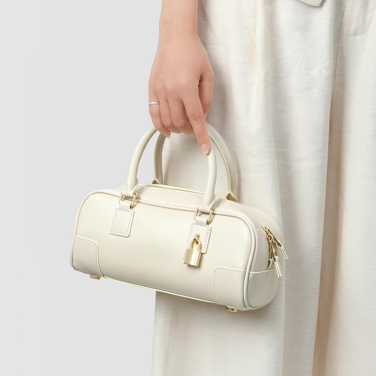 Niche design leather retro underarm bag new bowling bag Boston underarm bag shoulder bag women s bag бежевый