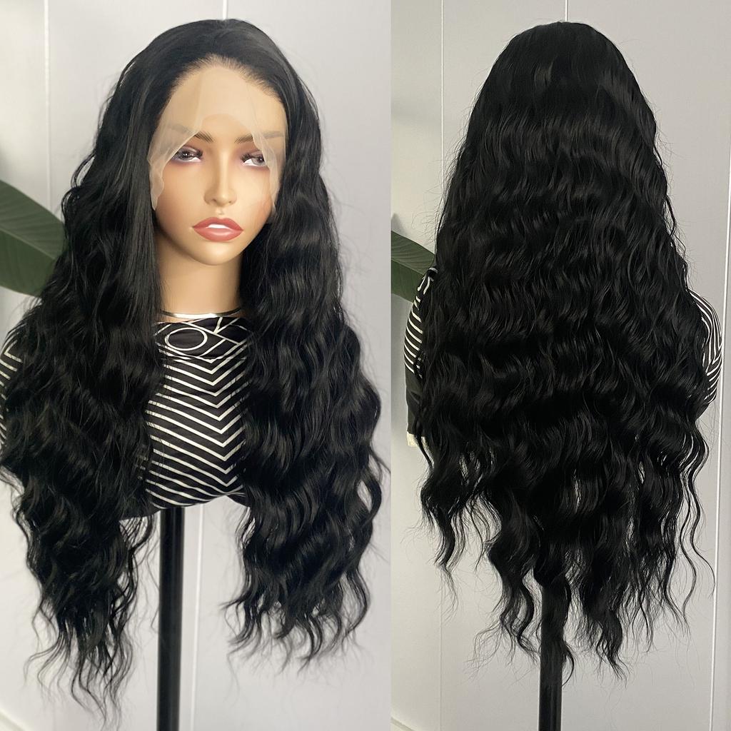 AIMEYA Brown Deep Wave Wig 13x4 Lace Front Synthetic Wigs for Women Natural Hairline Daily Wear Cosplay Wigs Glueless Long Hair