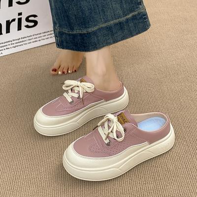 CRLAYDK Women's Slip On Sneakers Leather Fashion Platform Walking Mules Casual Backless Indoor Outdoor Shoes for Summer