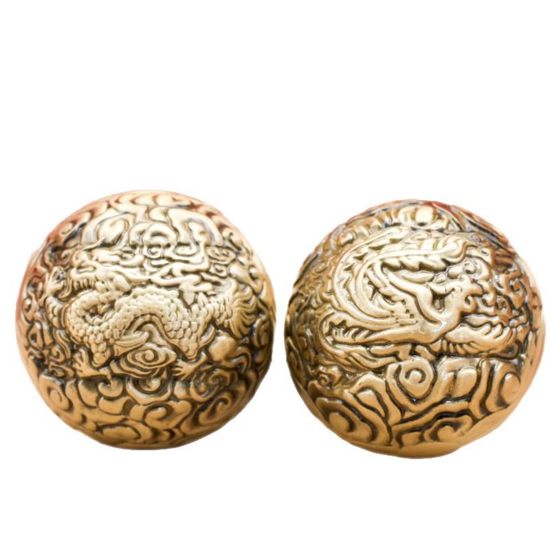Brass Dragon & Phoenix Walnut Handballs: Retro Finger Exercise Copper Balls (Pair)