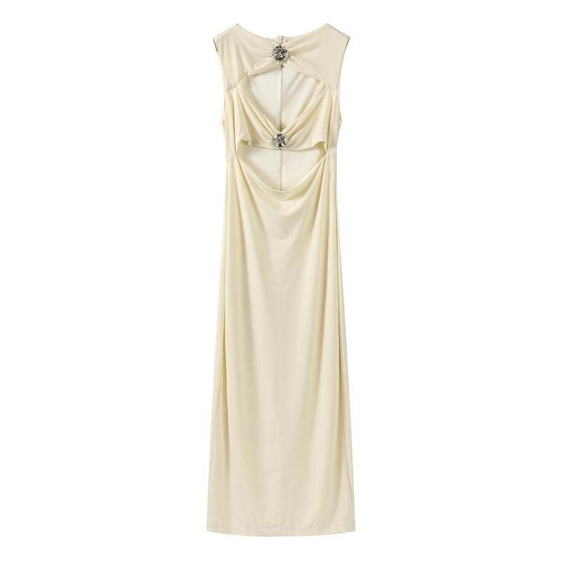 

Модное сексуальное ажурное без бретелек цельное длинное платье на пуговицах женское без рукавов с круглым вырезом облегающее вечернее платье XS бежевый