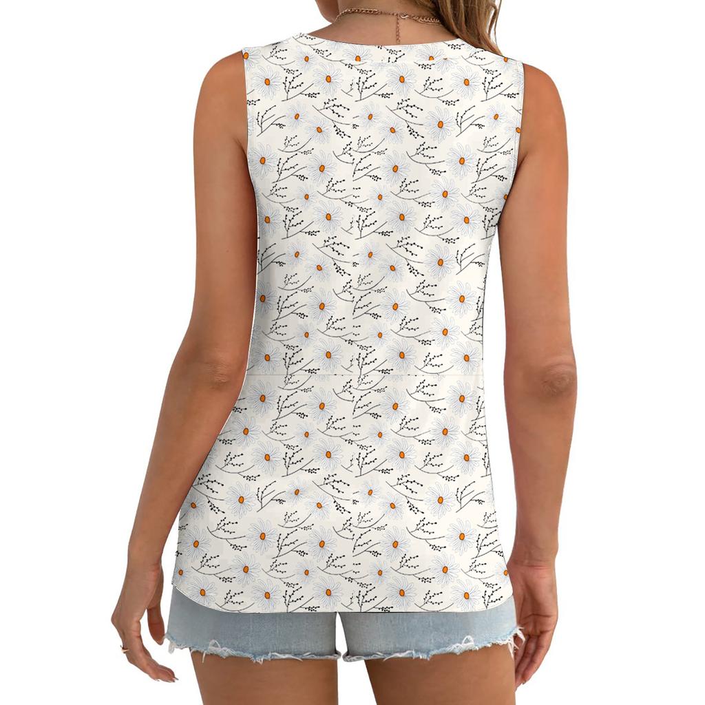 T-shirt estiva con stampa floreale per donna Top casual girocollo senza maniche gilet attorcigliato