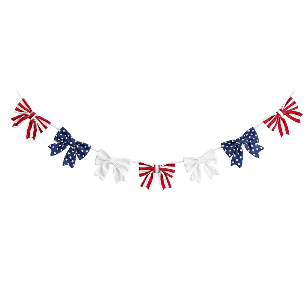 Fabric Bow Garland with Arch Shape and Star Stripe Print for Indoor Outdoor Ceremony Home Event Party Hanging Decoration