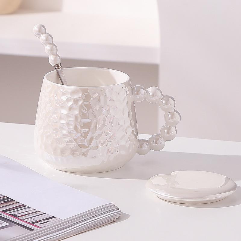 Ins Style Colorful Pearl High Value Ceramic Mug with Lid Spoon Household Breakfast Milk Cup Souvenir Gift