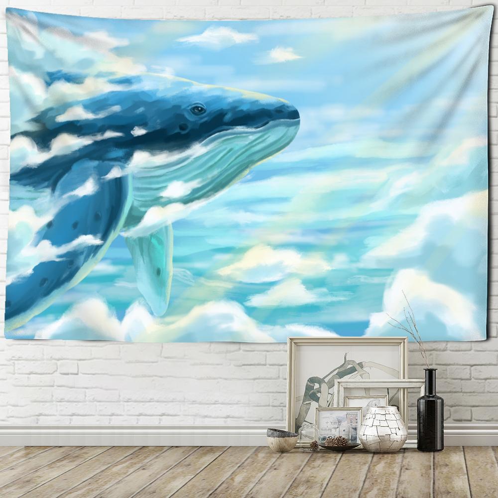 Japanese Whale Illustration Tapestry Wall Hanging Girl Sea Dragon Fish Bohemian Hippie Kawaii Carpet Children's Room Decor