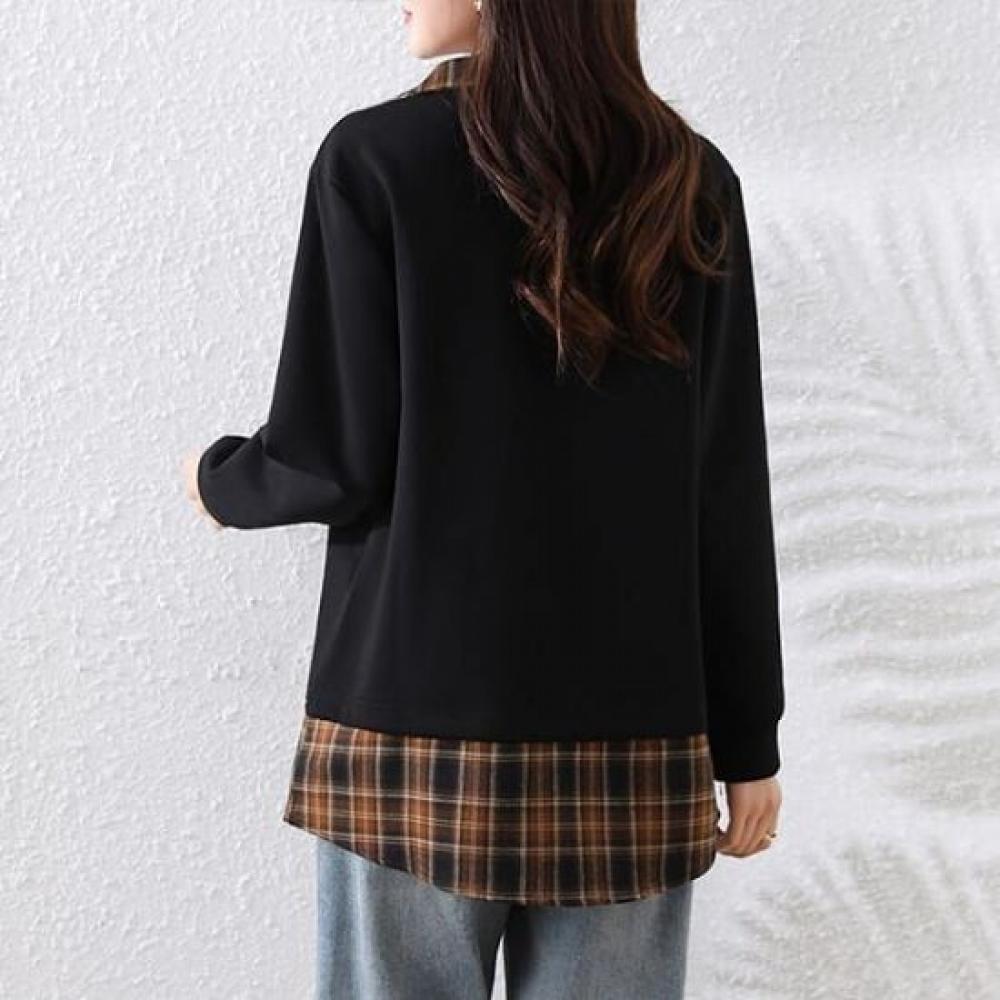 Navava Women Long Sleeve Sweatshirt Layered Check Collar Nt2972