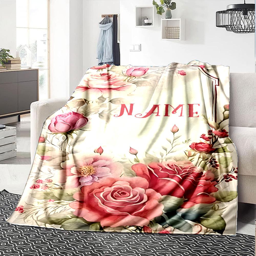 Floral Rose Design With Placeholder Cozy Personalized Blanket Customize Your Name Comfortable Texture For Sofa Couch Office Bed Picnics Four Seasons
