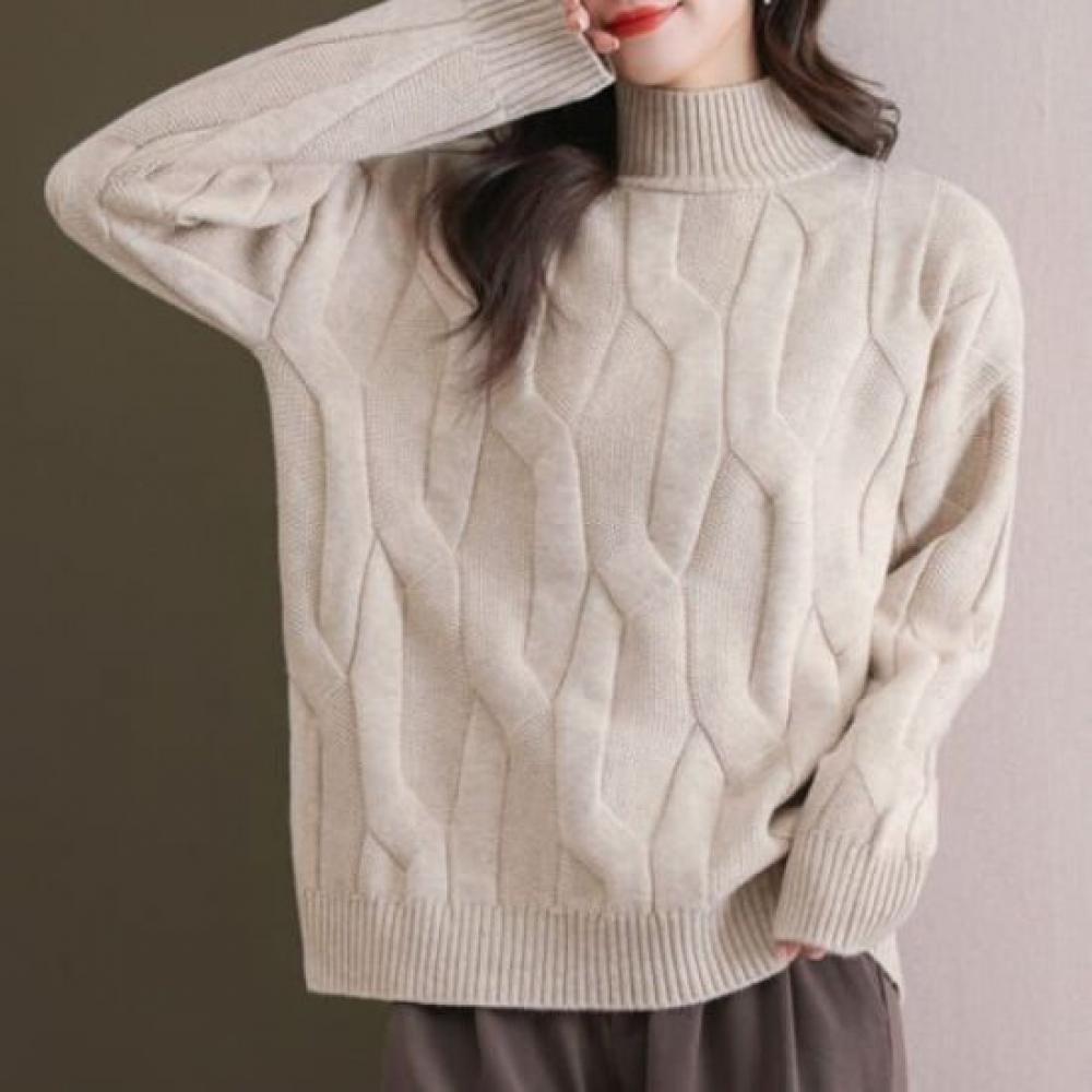 Navava Women Warm Solid 3d Knit High Neck Long Sleeve Sweater Nk3444