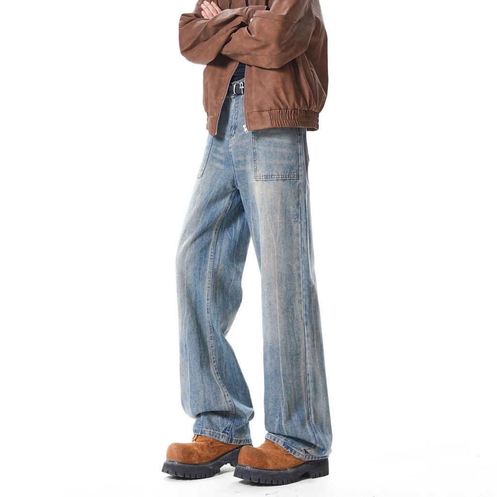 Bamboo pattern washed micro-pull jeans men's and women's American vibe casual straight-leg pants trendy ruffian handsome wide-leg trousers