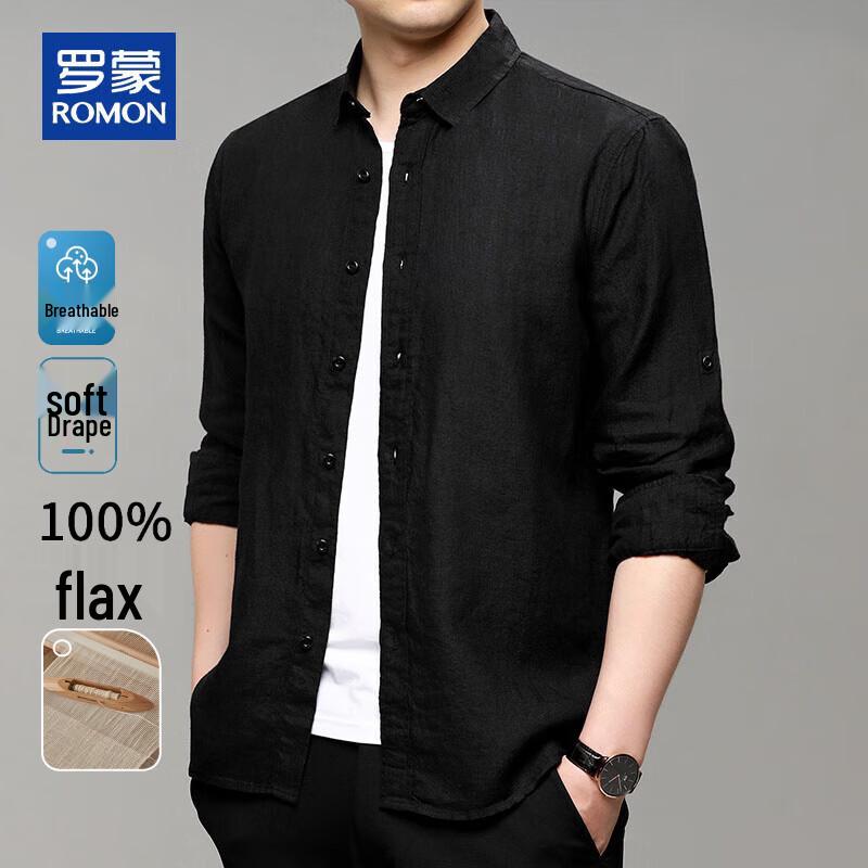 ROMON Men's 100% Linen Loose Fit Long Sleeve Shirt