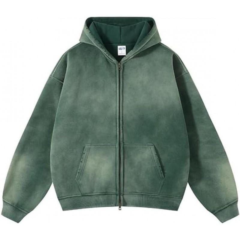 Mens Oversized Hooded Sweatshirt With Distressed Wash Print Heavyweight 400g Cotton Blend Zipper Front Casual Streetwear