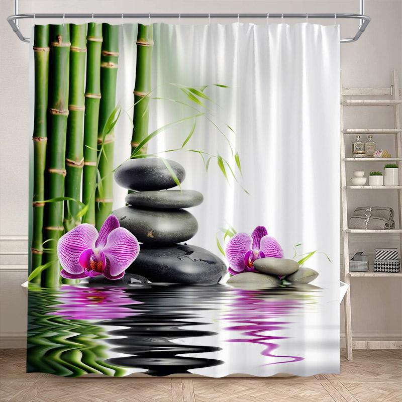 Zen Shower Curtain Natural Flowers Butterfly Grey Stone Reflection Spa Scenery Home Bathroom Decor Polyester Fabric Bath Curtain