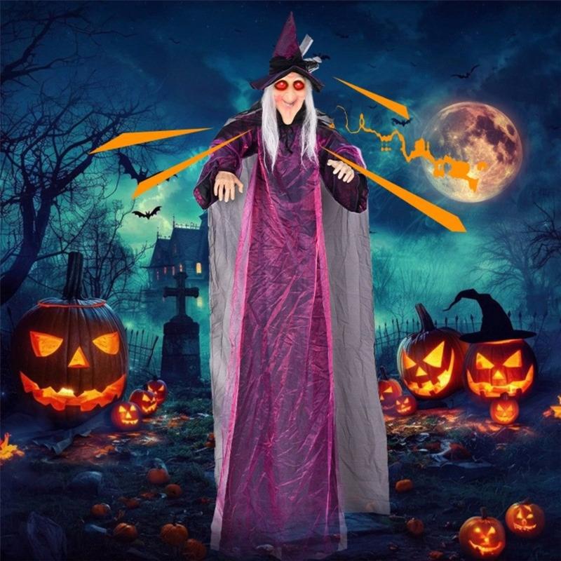 Sound Activated Halloween Witch Ornament with Illuminated Eyes Portable Hanging Decoration for Haunting Celebration